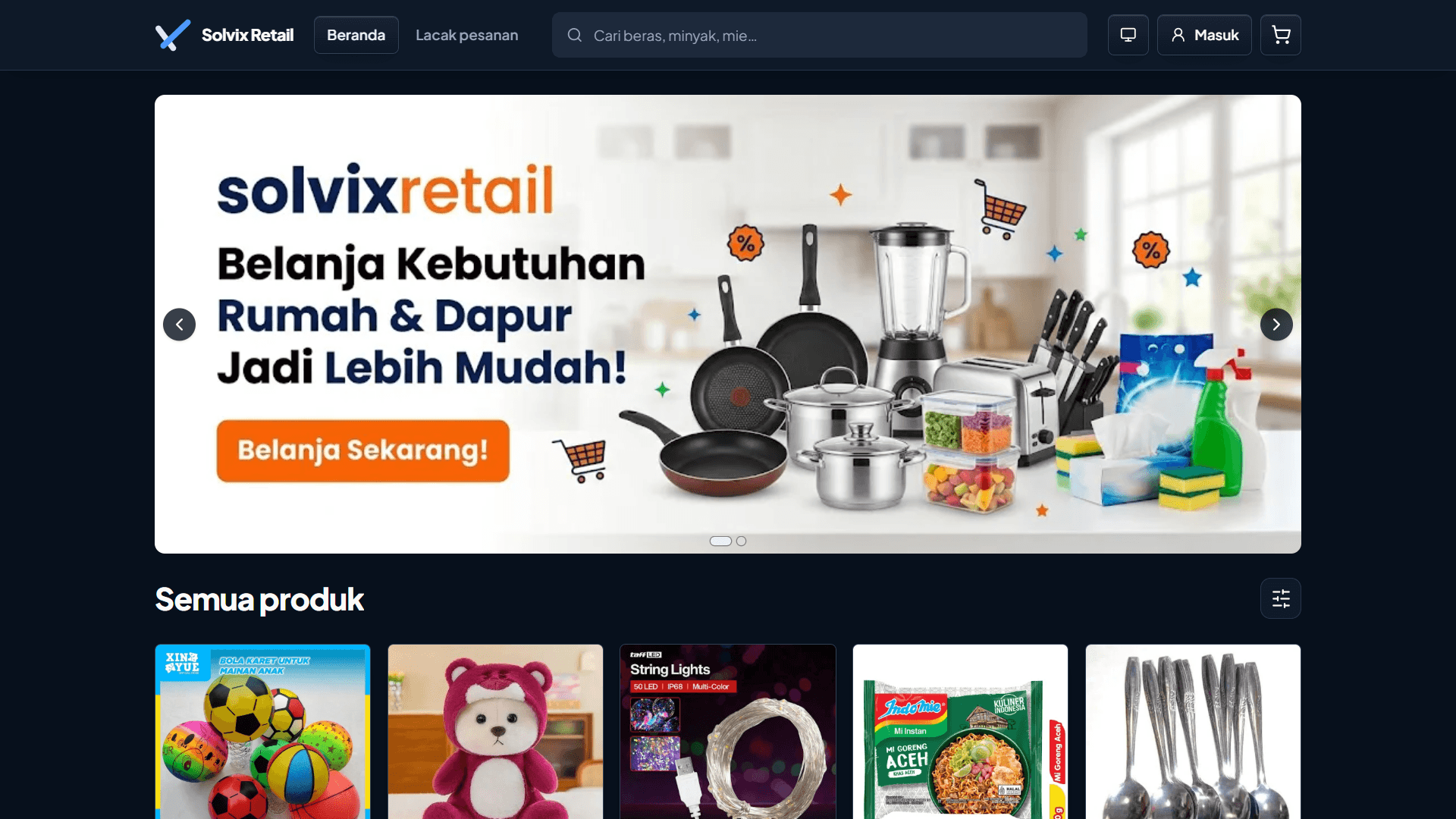 Tampilan halaman utama Solvix Retail